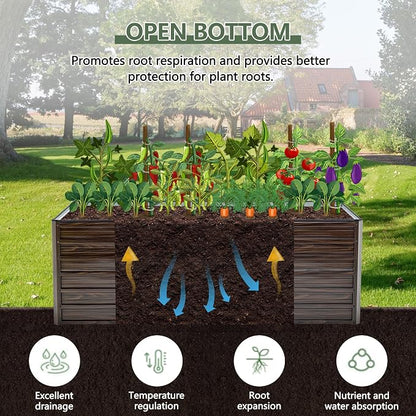 Galvanized Raised Garden Beds 6x3x2FT Outdoor Planter Boxes with Safety Edging and Gloves Metal Garden Bed Kit for Vegetables Flower and Fruits (Brown Wood Grain