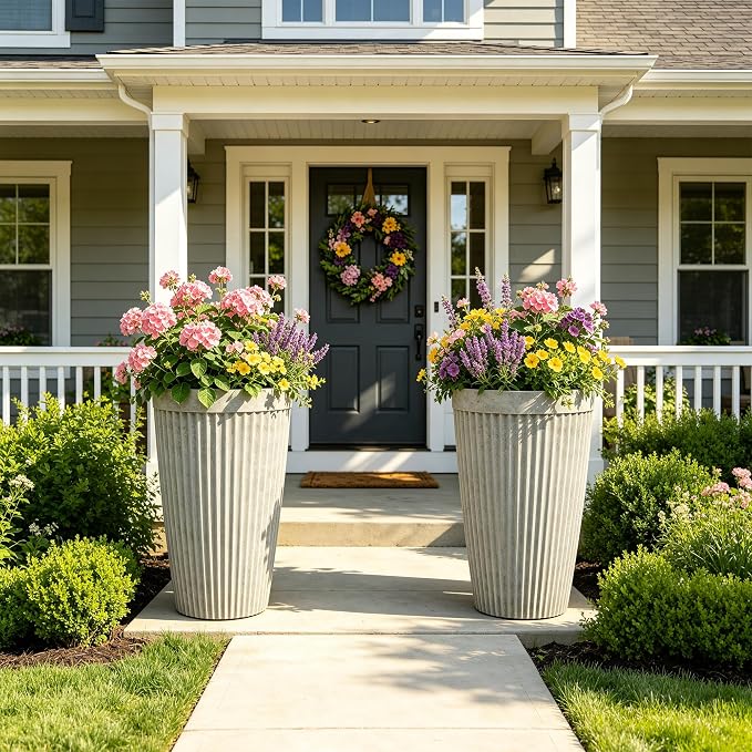 Autodaya 20" Ivory Outdoor Fluted Resin Tall Planters Set of 2 | High-Density Resin Pots with Drainage Holes for Indoor and Outdoor Plants, Patio, Garden, Porch, Living Room, or Gifting