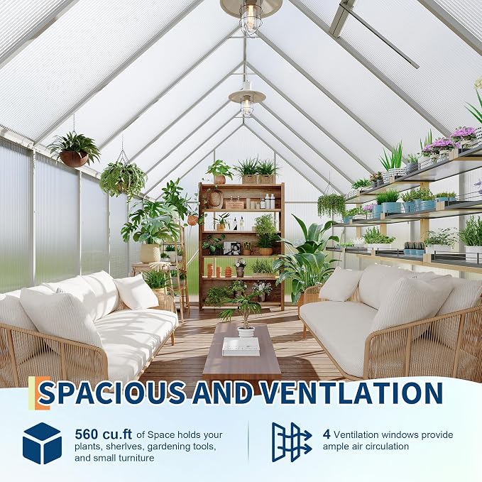 GarveeLife 8X14FT Polycarbonate Greenhouse with Aluminum Frame, Polycarbonate Greenhouse for Outdoors, Greenhouses with Ventilation and Rain Gutter, Aluminum Large Walk-in Greenhouses for Outside