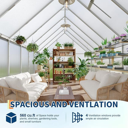 GarveeLife 8X14FT Polycarbonate Greenhouse with Aluminum Frame, Polycarbonate Greenhouse for Outdoors, Greenhouses with Ventilation and Rain Gutter, Aluminum Large Walk-in Greenhouses for Outside