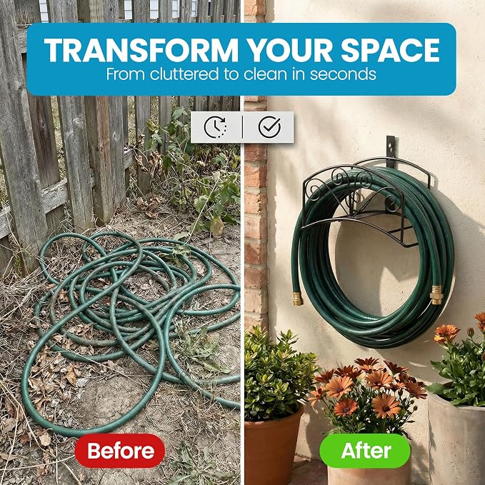 Gardenised Metal Wall-Mount Elegant Scrollwork Hose Holder Heavy-Duty Outdoor Hanger and Water Hose Organizer with Sturdy Reel Hooks & Screws for Yard Lawn Garden Patio Landscaping and Home Use