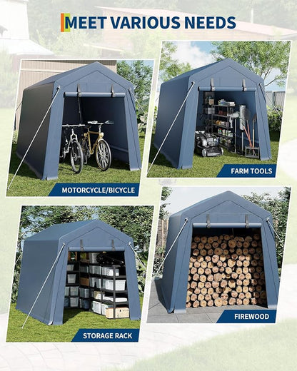 GarveeLife 6x8 FT Outdoor Storage Shed, Portable Carport with Roll-up Ventilated Zipper Door and Windows, Heavy Duty Waterproof Tarp, Storage Sheds for Motorcycle, Bike, Firewood, Garden Tools