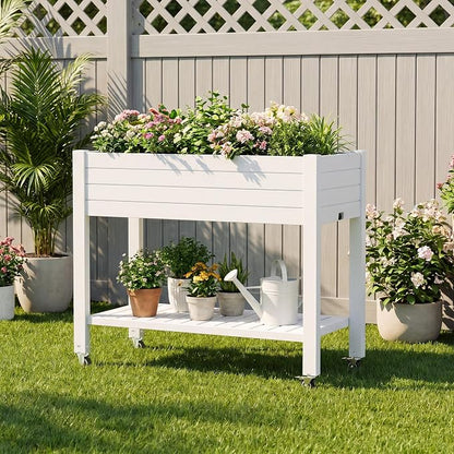 Fancyango Raised Garden Bed with Wheels 33.7" H -Medium Ashen | Resin Elevated Garden Planter Box with Drainage, Outdoor Planter Box for Veggies Herbs Patio Balcony Backyard