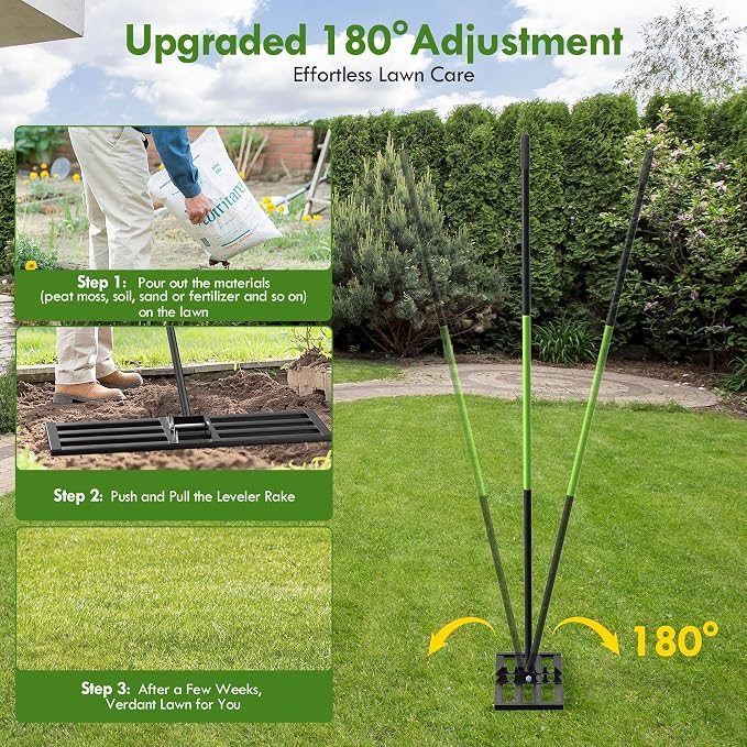 Seeutek Lawn Leveling Rake, 45" x 10" Heavy Duty Ground Leveler | with 0-180° Adjustable Handle, 6.5FT Steel Handle Lawn Leveler for Yard Garden Golf, Ease Level Soil Sand Dirt Surface