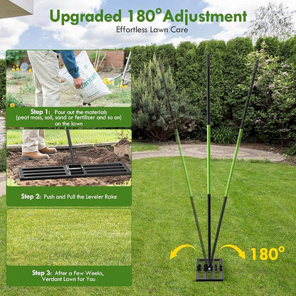 Seeutek Lawn Leveling Rake, 45" x 10" Heavy Duty Ground Leveler | with 0-180° Adjustable Handle, 6.5FT Steel Handle Lawn Leveler for Yard Garden Golf, Ease Level Soil Sand Dirt Surface