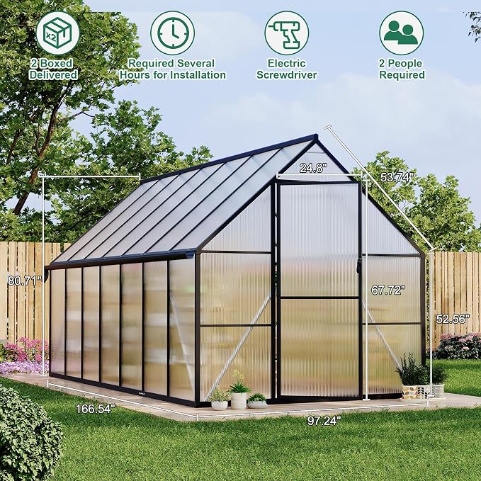 GarveeLife 8 ft x14 ft Aluminum-Framed Polycarbonate Greenhouse, Heavy Duty Polycarbonate Greenhouse with Quick Setup Structure and Roof Vent, Large Enhanced Aluminum Green House Kit for Outdoors