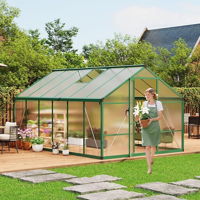 8x12 FT Greenhouse for Outdoors, Polycarbonate Greenhouse with Roof Vent, Ground Nails, Lockable Push Door, Aluminum Large Walk-in Green House for Outside Garden Backyard, Patio, Lawn, Green