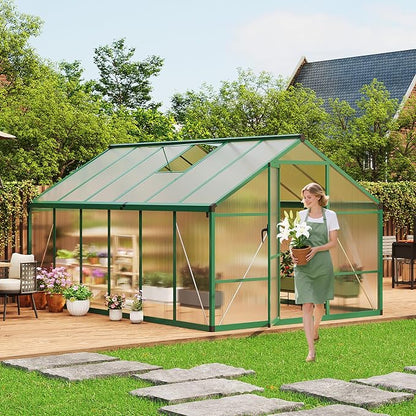 8x12 FT Greenhouse for Outdoors, Polycarbonate Greenhouse with Roof Vent, Ground Nails, Lockable Push Door, Aluminum Large Walk-in Green House for Outside Garden Backyard, Patio, Lawn, Green