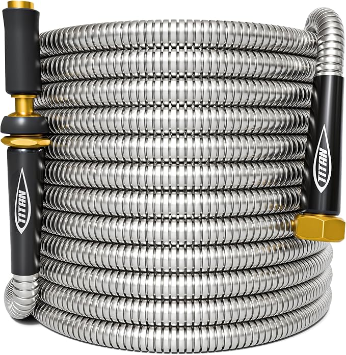 TITAN Garden Hose 30FT - 304 Stainless Steel Metal Water Hose, Flexible, Kink-Free, Lightweight, Durable, Crush Resistant Fittings, Easy to Coil, 500 PSI