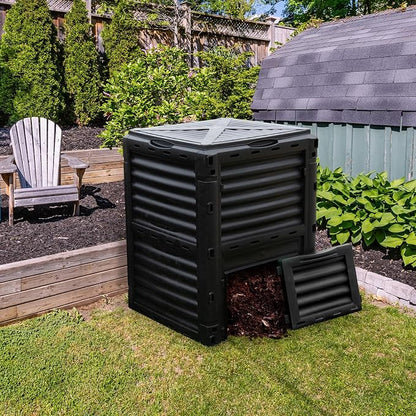 Goplus Compost Bin, 80 Gallon (300 L) Large Outdoor Composting Box w/Top Flip Latch-on Lid, Bottom Exit Door, BPA Free Material, Grass Food Trash Composter Barrel for Garden Yard (Black)