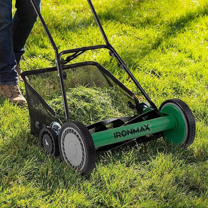 IRONMAX 18 Inch 5-Blade Push Reel Lawn Mower, 9-Level Adjustable Cutting Heights, Removable Grass Catcher, Lightweight No Motor Walk-Behind Manual Grass Cutter for Garden Yard Park (Green, 18 Inch)