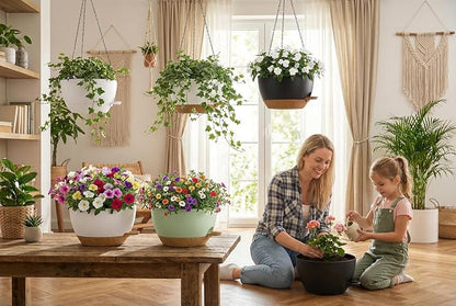 Hanging Planters, 3-Pack 10 Inch Self-Watering Pots with Drainage Holes and Chains, Matte Plastic Planters for Indoor/Outdoor Plant（Black）