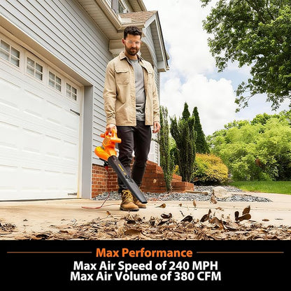 LawnMaster BV1210 Electric Blower Vacuum Mulcher 12 Amp 2-Speed Adjustment with Metal Impeller 240 MPH 380 CFM 16:1 Mulch Ratio with Collection Bag