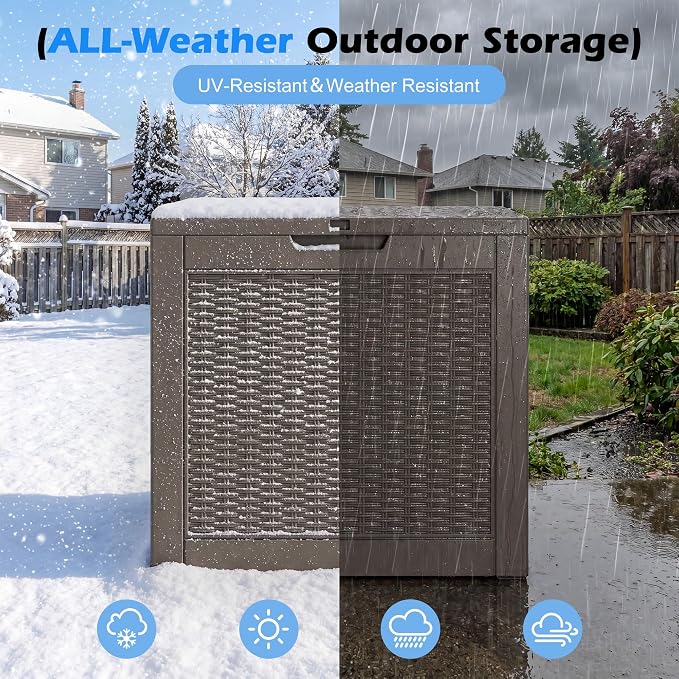 Outdoor Storage Box, 30 Gallon Resin Deck Boxes Outdoor Waterproof For Patio Furniture, Garden Tools, Pool Supplies, Lockable And UV Resistant (Rattan Gray)