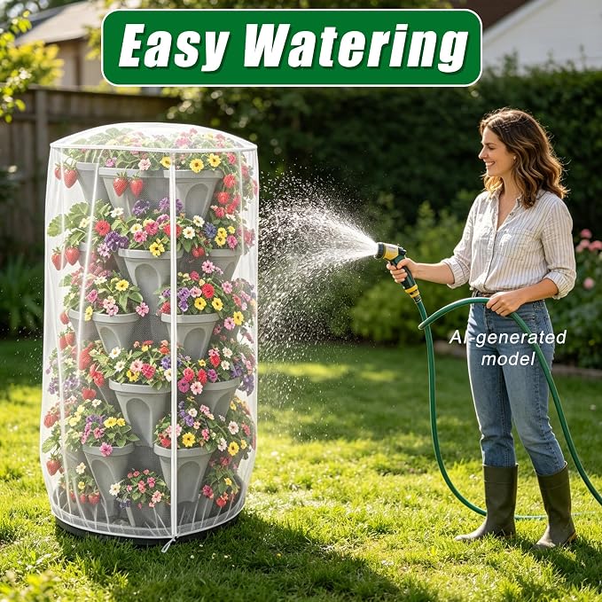 39.6x32.4 Garden Netting with Zipper for Tomato Strawberry Herb | 2pcs bird insect netting plant cover with zipper & drawstring, suitable for 5 tier stackable vertical plant pot