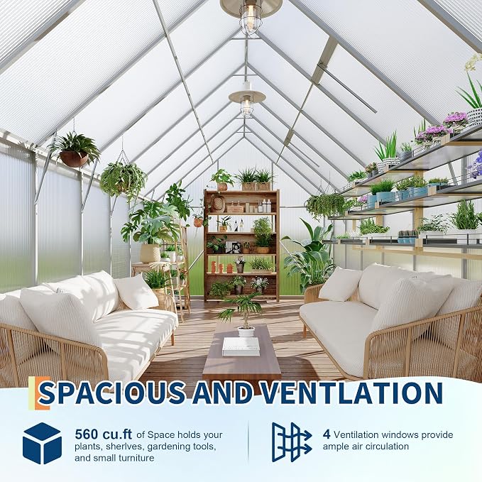 GarveeLife 8X16FT Polycarbonate Greenhouse with Aluminum Frame, Polycarbonate Greenhouse for Outdoors, Greenhouses with Ventilation and Rain Gutter, Aluminum Large Walk-in Greenhouses for Outside