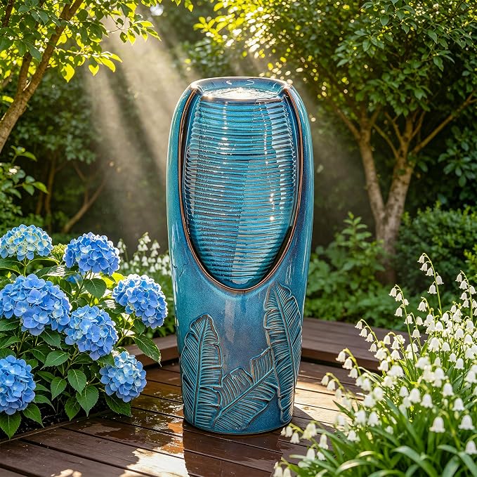 Autodaya 33" H Ceramic Jar Outdoor Water Fountain, Banana Leaf-Texture | Artisan High-Fired Glaze, Warm Ambient LED Lighting, Upgraded Pump, Soothing Cascading Water Feature For Garden Patio Yard