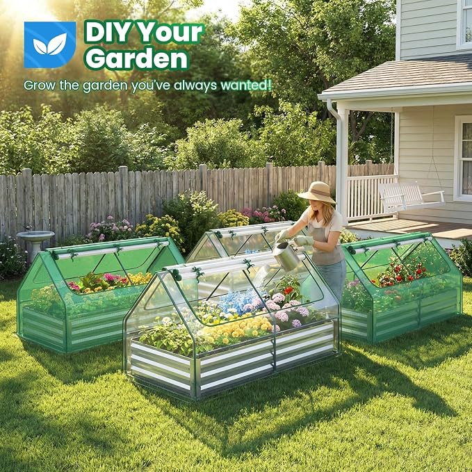 Quictent Raised Garden Bed with Cover Outdoor Galvanized Metal Planter Box Kit, w/ 2 Large Screen Windows Mini Greenhouse 20pcs T Tags 1 Pair of Gloves Included for Growing Vegetables 6x3x1ft (Clear)