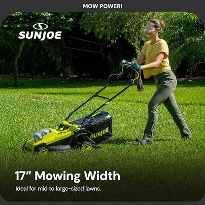 Sun Joe Cordless Electric Push Lawn Mower with 6-Position Height Adjustment, 11-Gal Bag, 17-Inch Cutting Width - Heavy-Duty Yard Trimmer for Gardening Care and Maintenance, 24V-X2-17LM | 670W Brushless, 17 Deck, 6-Position Height, 11-Gal Catcher, Inclu...