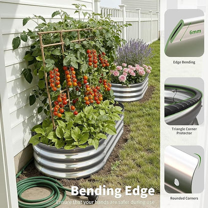 Metal Raised Garden Bed Kit, 4×2×1ft Outdoor Planter Boxes with Easy Assembly, Oval Large Galvanized Gardening Raised Bed for Vegetables, Fruits, Flower Silver