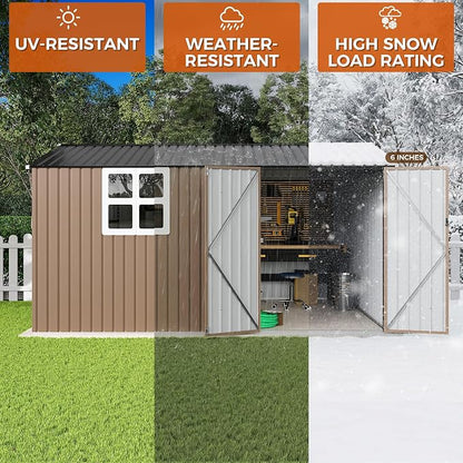 IRONCK 10x12 FT Storage Shed with Clear Window, Outdoor Tool Shed with Lockable Doors and Breathable Ventilation, Metal Garden Storage with 9.8x11.5 FT Base for Generators/Bikes/Wheelbarrows, Brown