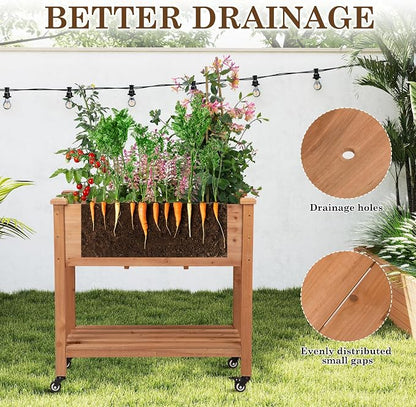 Raised Garden Bed with Lockable Wheels, 32x16x32 inch Elevated Wood Planter with Storage Shelf Protective Liner for Vegetable Flower Herb Outdoor Balcony Patio Backyard, Brown