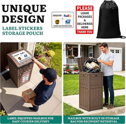 YITAHOME Package Delivery Box with Lift-Out Bag, 31 Gallon Waterproof Parcel Drop Box with Sign, Resin Porch Package Container for Curbside& Outdoor Use, Dark Brown