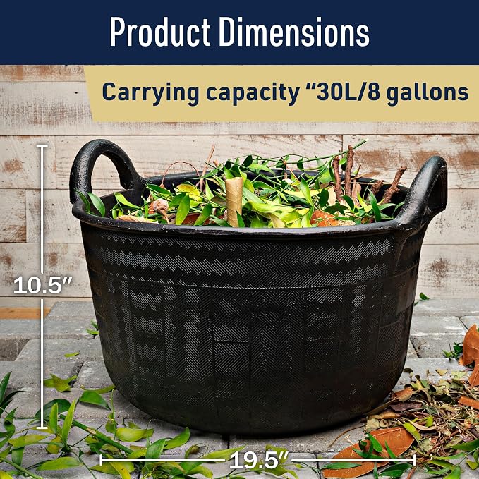 Large Bucket with Handles - 30L/8-Gal Natural Rubber Bucket - Multi Use Yard Waste Bin, Harvesting Basket for Gardening, or Utility Tub for Soaking and Washing Laundry by Kings County Tools (Black)