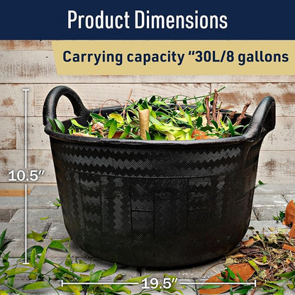 Large Bucket with Handles - 30L/8-Gal Natural Rubber Bucket - Multi Use Yard Waste Bin, Harvesting Basket for Gardening, or Utility Tub for Soaking and Washing Laundry by Kings County Tools (Black)
