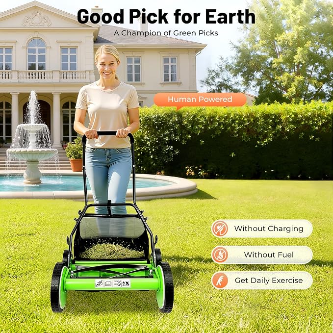 Manual Reel Lawn Mower, 16 Inch 5-Blade Cordless Push Mower with Adjustable Cutting Height and Grass Catcher for Yard, Garden