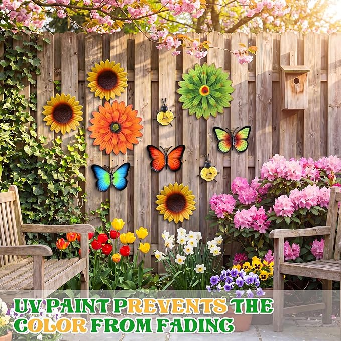 Therwen 10 Pcs Metal Wall Art Decor for Outside 3D Metal Sunflower Bee Butterfly Backyard Decorations Hanging Outdoor Wall Art Multicolored Flowers for Garden Fence Patio Yard Outdoor Porch