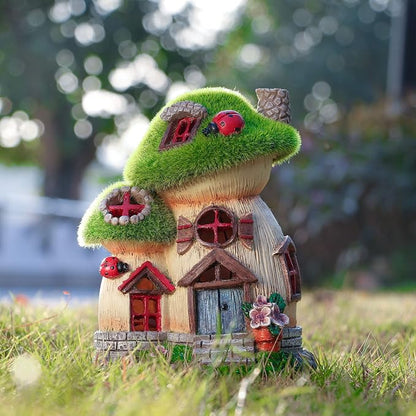 TERESA'S COLLECTIONS Mushroom Garden Statues with Outdoor Solar Light, Green Flocked Christmas Decorations for Home, Resin Fairy House Accessories Outdoor Decor Yard Thanksgiving Gifts for Mom, 8“