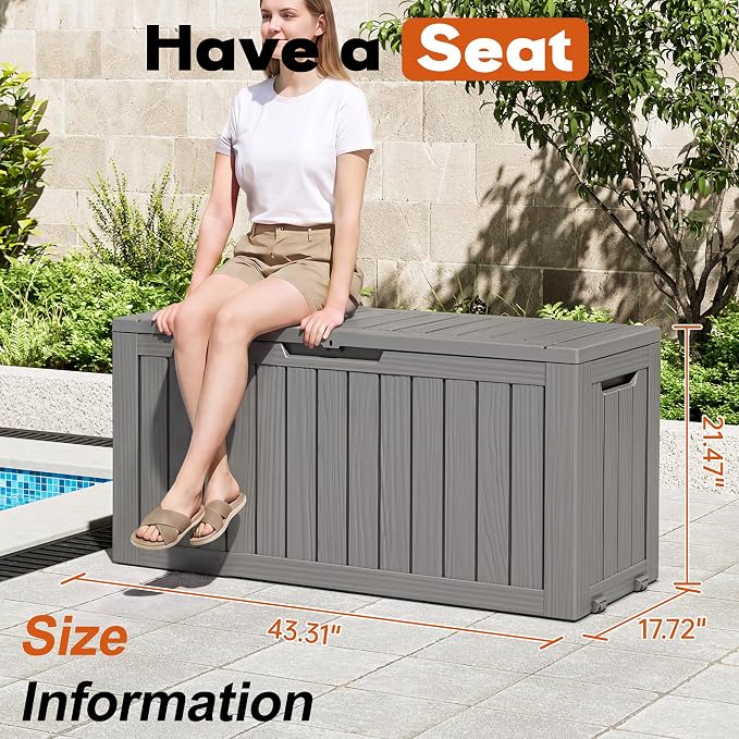 Outdoor Storage Box, Resin Deck Boxes Indoor and outdoor, Waterproof Storage Box Lockable Lid (Grey, 85 Gallon)