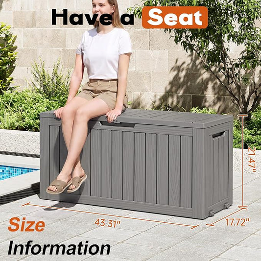 Outdoor Storage Box, Resin Deck Boxes Indoor and outdoor, Waterproof Storage Box Lockable Lid (Grey, 85 Gallon)