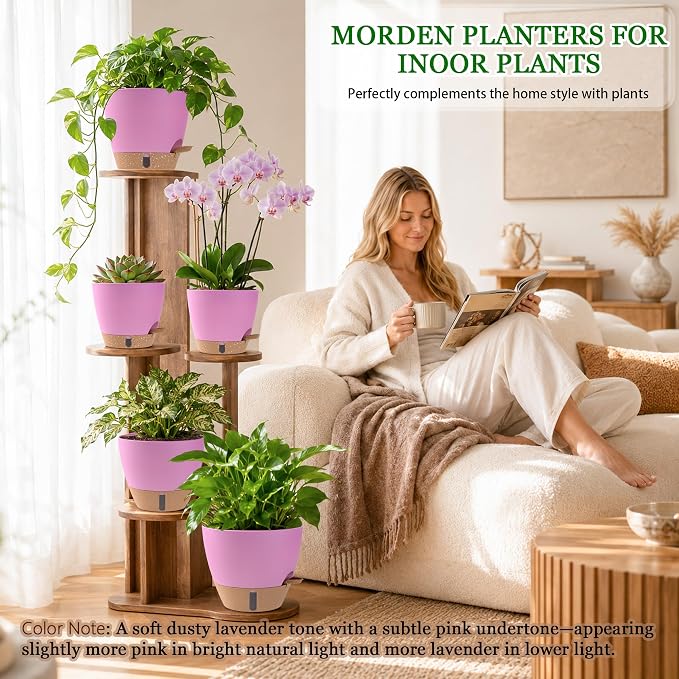 Self Watering Pots for Inoor Ourdoor Plants 10/9/8/7/6.5 Inch Plastic Planters with Drainage Holes & Water Level Indicator, Decorative House Flower Nursery Planting Pots with Saucers (Dusty Lavender)