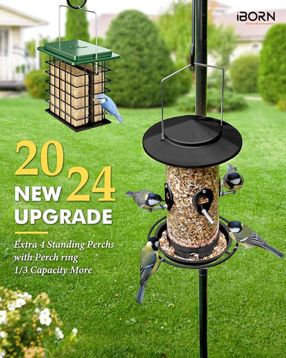 iBorn Metal Bird Feeder for Outside Hanging,Wild Bird Feeders for Cardinal,17.8cm Large Roof&Tray Black 10 Port(Seed is not Included)