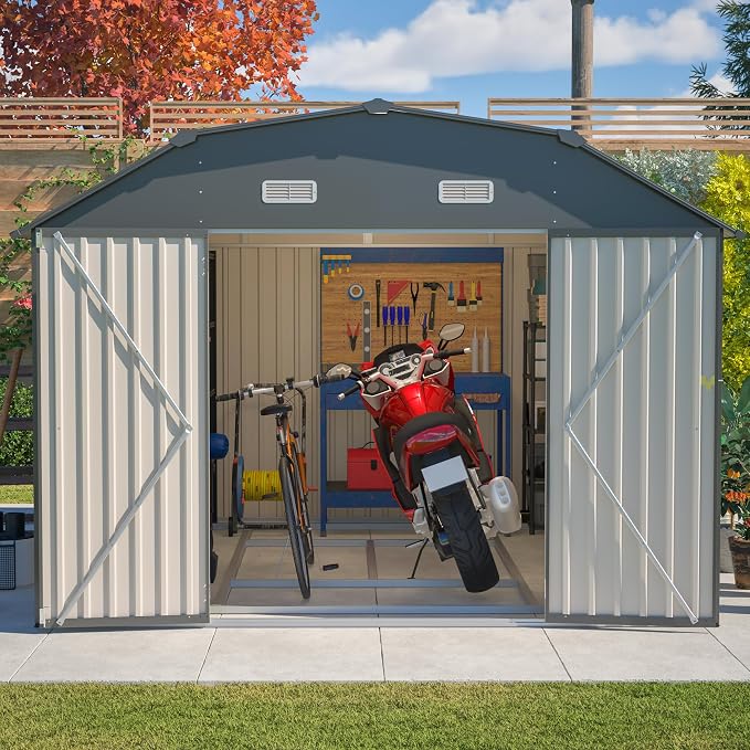YOPTO 10×12 FT Outdoor Storage Shed,Heavy-Duty Metal Shed with Floor Base,All Weather Waterproof Tool Shed W/Diamond Roof & Windows,Lockable Double Door & 4 Air Vents,for Backyard,Patio,Lawn,Gray