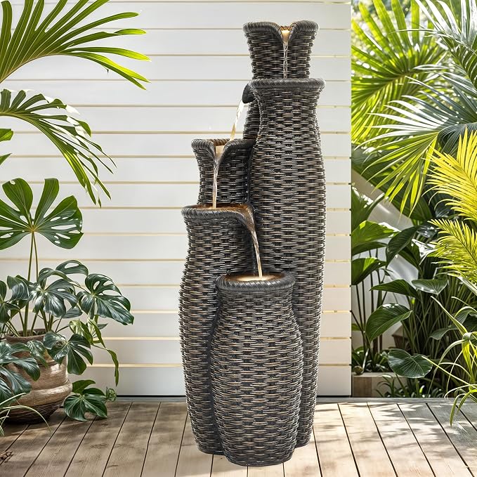 33" H Outdoor Water Fountain with LED Lights, Faux Rattan Vase Water Feature with 5-Tier Cascading Waterfall, Durable Polyresin Decor for Tranquil Oasis in Garden, Patio, Yard