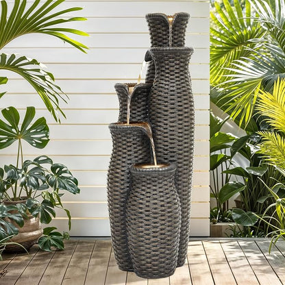 Autodaya 5-Tier Faux Rattan Vase Water Fountain Outdoor with LED Lights | Polyresin Cascading Waterfall Feature, Unique Natural Water Feature, Tranquil Oasis for Garden, Patio Yard Porch Decor, 33"H