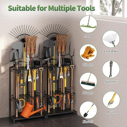 Garden Tool Organizer for Corner - Heavy Duty Metal Rack with 34 Storage Compartments & 14 Hooks for Shovels, Rakes, Long-Handled Tools, Ideal for Garden, Shed, Garage Storage