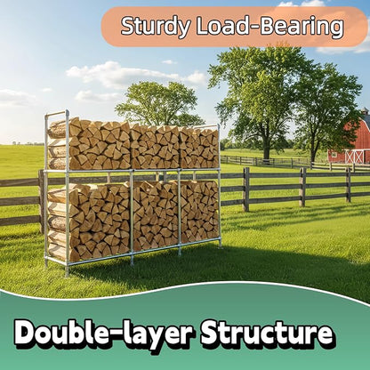 8ft Heavy Duty Tall Firewood Rack with Dual-Tier Structural Design | Constructed with Galvanized Steel Pipes and Featuring a Firewood Rack Cover,Load-bearing Capacity 4,800 lbs,Indoor/Outdoor
