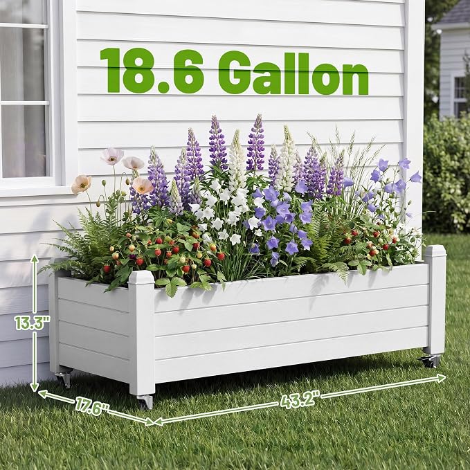 Fancyango Raised Garden Bed with Wheels 13.3" Hx2 -Ashen | Resin Elevated Garden Planter Box with Drainage, Outdoor Planter Box for Veggies Herbs Patio Balcony Backyard