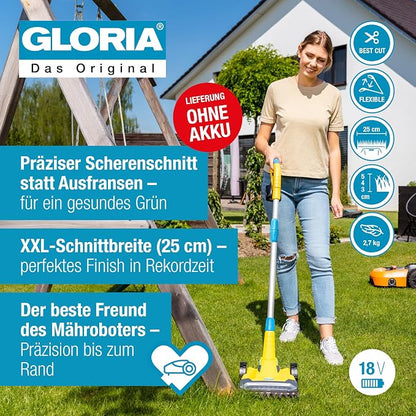 GLORIA battery lawn and edge trimmer FineCut 18V - complement for robotic mower | battery lawn mower/trimmer | 25 cm cutting width | adjustable handle angle |Bosch 18V POWER FOR ALL, without battery
