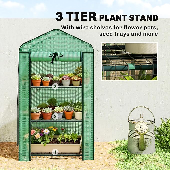 Outsunny 3 Tier Mini Greenhouse with Screen Roof, 27.6" x 19.7" x 50", Portable Small Greenhouse with High Strength PE Cover, Roll-Up Zipper Door for Garden Yard Backyard, Green