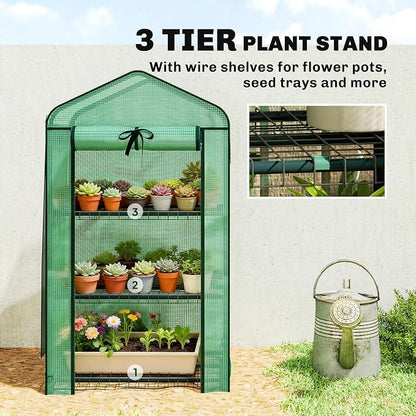 Outsunny 3 Tier Mini Greenhouse with Screen Roof, 27.6" x 19.7" x 50", Portable Small Greenhouse with High Strength PE Cover, Roll-Up Zipper Door for Garden Yard Backyard, Green