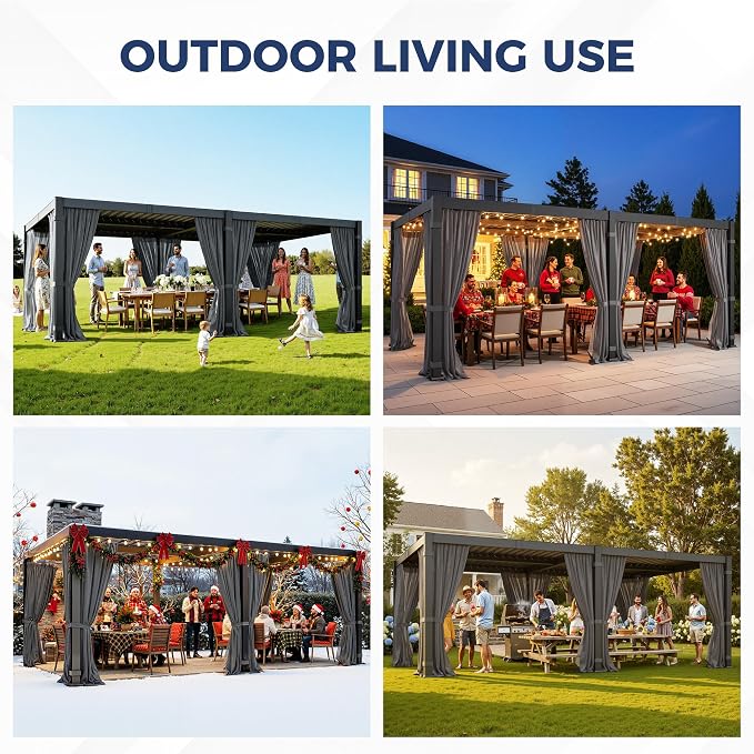 12' x 20' Louvered Pergola, Aluminum Frame Outdoor Pergola with Curtains & Netting, Adjustable Louvered Roof & Integrated Gutter System, Hardtop Patio Gazebo for Backyard, Patio, Garden, Dark Gray