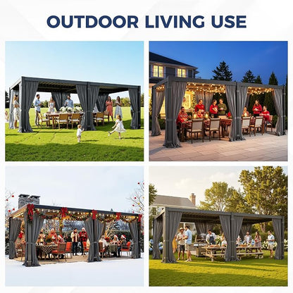 12' x 20' Louvered Pergola, Aluminum Frame Outdoor Pergola with Curtains & Netting, Adjustable Louvered Roof & Integrated Gutter System, Hardtop Patio Gazebo for Backyard, Patio, Garden, Dark Gray