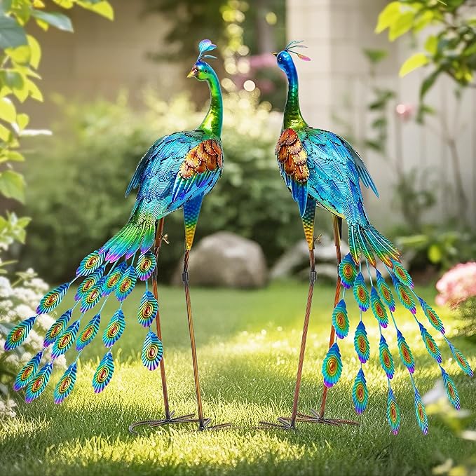 Oversized Peacock Decor Set of 2, 32" Outdoor Metal Yard Art | Hand-Painted Metal Peacock Sculpture. Weatherproof Garden Art for Lawn, Flower Beds, Patio, Backyard, or Indoor Home Decor.