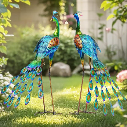Oversized Peacock Decor Set of 2, 32" Outdoor Metal Yard Art | Hand-Painted Metal Peacock Sculpture. Weatherproof Garden Art for Lawn, Flower Beds, Patio, Backyard, or Indoor Home Decor.