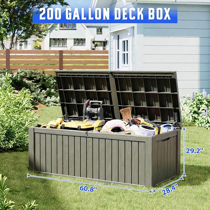 Outdoor Storage Box, Resin Deck Box Indoor and Outdoor, Waterproof Lockable Lid, Grey, 200 Gallon